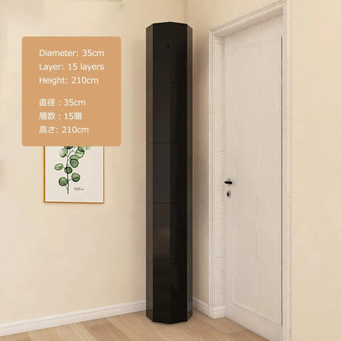 Slick Black Rotating Shoe Rack Corner Organizer With Smooth Lazy Susan Turntable Design For Tight Spaces keeps kicks neatly arranged in closet.