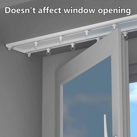 Heavy Duty Double Curtain Track System Made From Ultra Thin Aluminum Alloy, Ceiling Mount Curtain Rail In White, 1.5m Length, Double Layer Track For Smooth Gliding Curtains In Living Room Or Bedroom. Ceiling-mounted double curtain track over window