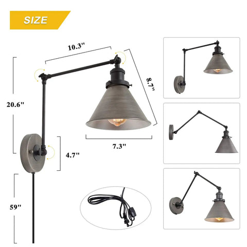 Farmhouse Style Swing Arm Wall Lamp Set 2 Pack Plug In Or Hardwired Adjustable Wall Sconce With Brushed Antique Silver Finish, sizes shown
