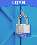 Keyed Alike Laminated Heavy Duty Padlock Set Six Pack 40mm on blue locker door, 1-9/16 inch wide body with hardened shackle