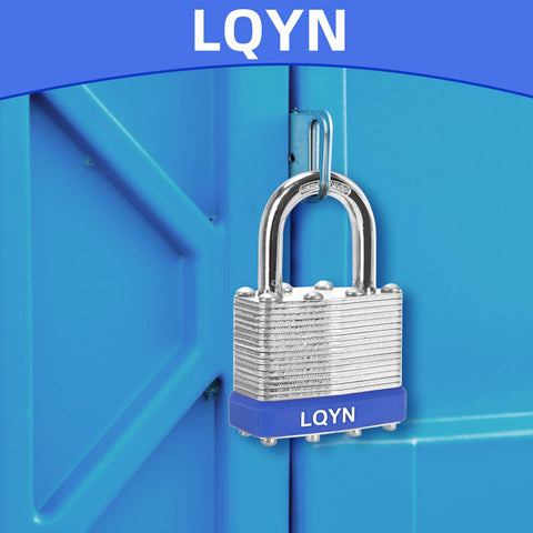 Keyed Alike Laminated Heavy Duty Padlock Set Six Pack 40mm on blue locker door, 1-9/16 inch wide body with hardened shackle