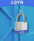 Close-up of 12 Pack Laminated Steel Padlocks Keyed Alike 40mm Wide Body With Normal Shackle on blue surface, branded with 'LQYN'.