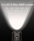 Four Thousand Lumen EDC Rechargeable Flashlight With Magnetic Base And Battery Indicator For Hands Free Work, IPX8 Waterproof LED Torch with 4 x LED showcasing 30 to 4000 lumen settings.