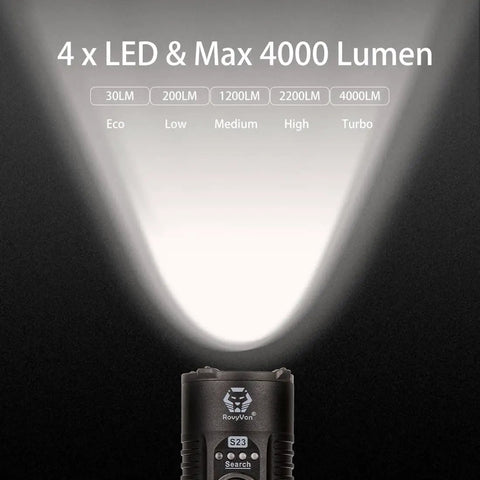 Four Thousand Lumen EDC Rechargeable Flashlight With Magnetic Base And Battery Indicator For Hands Free Work, IPX8 Waterproof LED Torch with 4 x LED showcasing 30 to 4000 lumen settings.