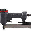 Lightweight 18 Gauge Pneumatic Brad Nailer Featuring A Durable Aluminum Frame And Reliable Trigger Action side view for precision furniture assembly.