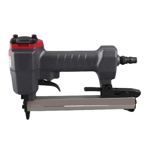 Lightweight 18 Gauge Pneumatic Brad Nailer Featuring A Durable Aluminum Frame And Reliable Trigger Action side view for precision furniture assembly.