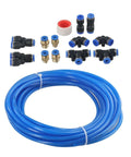 Rock Solid PU Pneumatic Air Hose Kit 6mm OD 4mm ID 10m Length With Connector Elbows Joints For Air Tools Machining Yard Work No Crease Flow Design For Easy Install Works Like A Charm Any Time At Your Shop Or Garage Anywhere., blue PU hose coil with assorted push-fit connectors