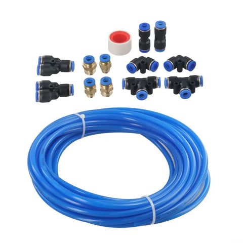 Rock Solid PU Pneumatic Air Hose Kit 6mm OD 4mm ID 10m Length With Connector Elbows Joints For Air Tools Machining Yard Work No Crease Flow Design For Easy Install Works Like A Charm Any Time At Your Shop Or Garage Anywhere., blue PU hose coil with assorted push-fit connectors