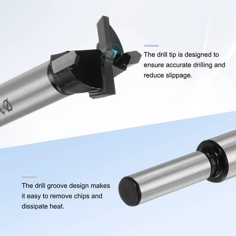 Heavy Duty 2 Pack Forstner Drill Bits Featuring Rock Solid Carbide Tips For Clean Hole Drilling In Hardwood Plywood Mdf And Plastic, showing precision drill tip.