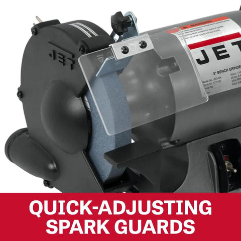 8-Inch Bench Grinder With 3450 RPM, 1/2 HP, 120V Single-Phase, Includes 60 and 36 Grit Vitrified Wheels, Enclosed Permanently Lubricated Bearings, Cast Iron Guards, Dust Vents, Quick-Adjust Spark Guard, Rubber Mounts, Big Eye Shields