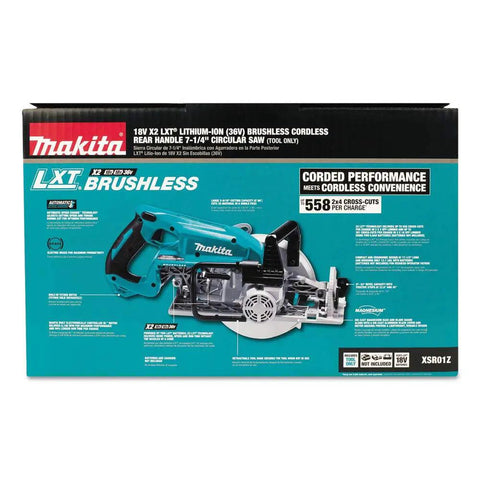 Makita box showing XSR01Z 36V Dual Battery Brushless Rear Handle 7¼ Inch Circular Saw Tool with X2 LXT Power, 5100 RPM