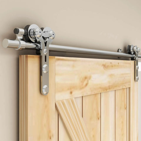 7 Foot Barn Door Hardware Sliding Track Kit in Stainless Steel Heavy Duty for Double Wood Doors with Y Shape Hangers installed