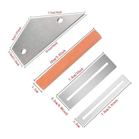 Guitar Luthier Tool Kit 6 Pack with crowning file, rocker, grinding stone, and fingerboard guards, with measurements visible