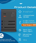 Universal Travel Adapter With PD And QC 3.0 45W, Dual USB C And 3 USB Ports, product details and features
