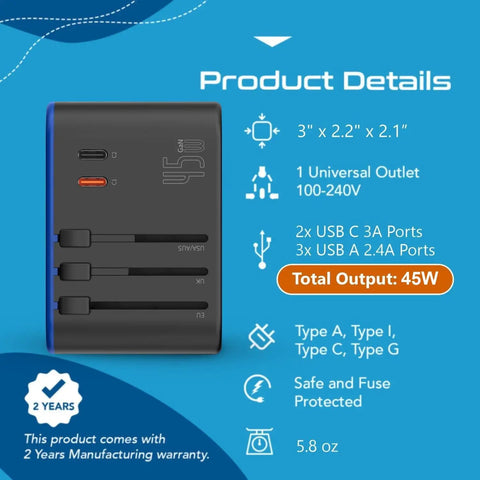 Universal Travel Adapter With PD And QC 3.0 45W, Dual USB C And 3 USB Ports, product details and features