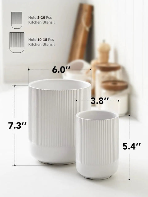 Two Piece Ceramic Utensil Holder Set For Kitchen Countertop White Fluted Crock Organizer Large 7.3 Inch And Small 5.4 Inch