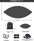 All In One Camping Hammock Kit With Rain Fly Tarp Netting And Go To Gear Waterproof Bundle showing dimensions and accessories.