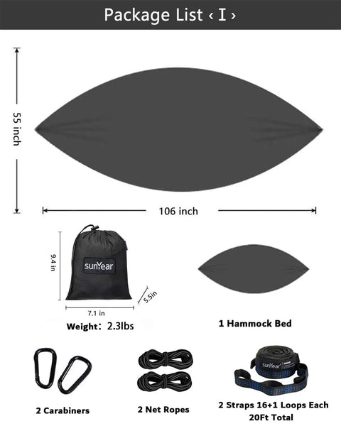 All In One Camping Hammock Kit With Rain Fly Tarp Netting And Go To Gear Waterproof Bundle showing dimensions and accessories.