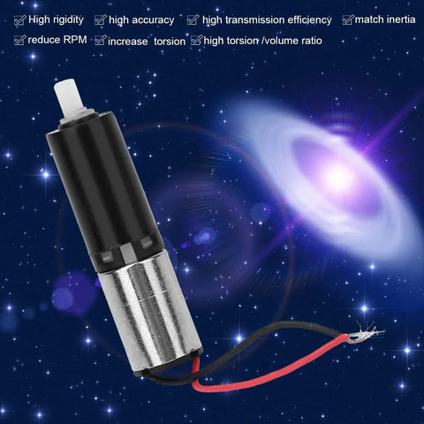 6mm mini planetary gear motor with metal housing and red/black wires, angled side view
