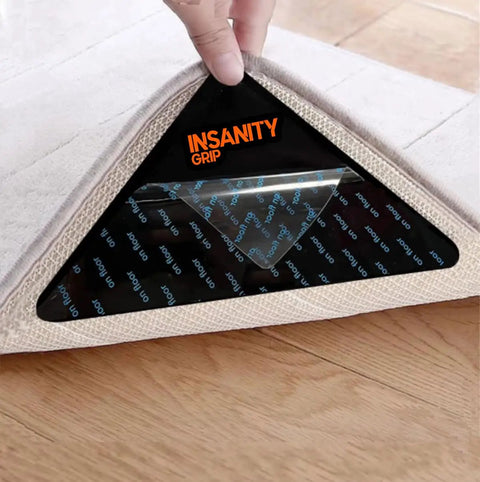 Non Slip Rug Tape Peel And Stick Gripper for Hardwood Concrete and Carpeted Floors secure under rug corner on wooden floor.