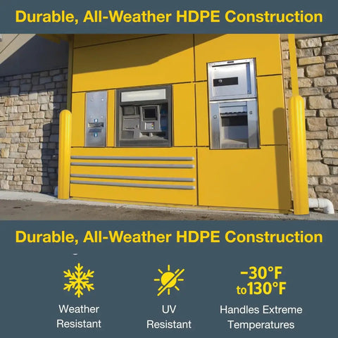Built Tough 56 Inch Bollard Cover For 6 Inch Outdoor Poles, yellow HDPE sleeve at ATM, weather-resistant protection against impact.