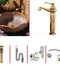Rustic Ceramic Vessel Sink And Faucet Combo Countertop Wash Basin with funnel design and gold faucet in elegant setting.