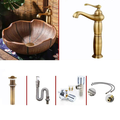 Rustic Ceramic Vessel Sink And Faucet Combo Countertop Wash Basin with funnel design and gold faucet in elegant setting.