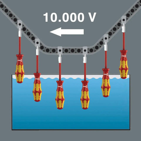 Kraftform Plus VDE Insulated Slotted Screwdriver with Lasertip Drive, submerged in water, handles pointing upward, 10,000V marked.