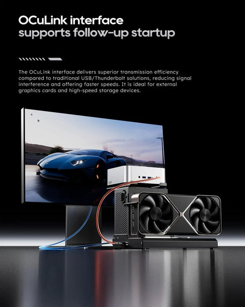Rig Ready External Gpu Docking Station Equipped With Dual Thunderbolt 5 And OcuLink Pcie 4.0 X4 Ports with GPU and monitor.