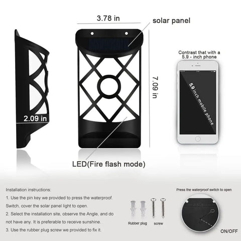 Dimensions and features of Outdoor Solar Flame Lights, 66 LED Waterproof Wall Mounted Flickering Dancing Flame With Auto On Off And Dark Sensor.