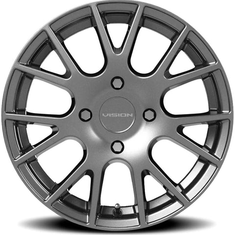 Vision Hellion 15x6.5 gunmetal alloy wheel, 4x100 bolt pattern, +38mm offset, front view.
