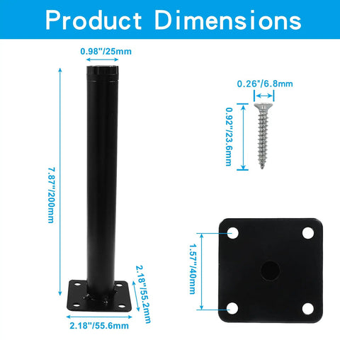 Product dimensions of Heavy Duty Adjustable Furniture Legs Eight Inch Steel Cabinet Feet Black Metal Drawer Supports with Swivel Base.