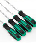Extended Torx Screwdriver Kit Featuring 6 Pieces T10 To T30 With 420mm Long Magnetic Rod For Deep Reach Repairs In Engines And Electronics Perfect Gritty Tools For Tough Spots. Four Torx screwdrivers with black and green handles and long metal shafts