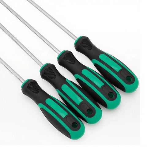 Extended Torx Screwdriver Kit Featuring 6 Pieces T10 To T30 With 420mm Long Magnetic Rod For Deep Reach Repairs In Engines And Electronics Perfect Gritty Tools For Tough Spots. Four Torx screwdrivers with black and green handles and long metal shafts