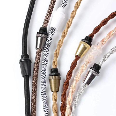 Plastic Strain Reliefs 50 Pack For Pendant Lighting And Wiring Cord Grips shown with colorful cords and metal fittings