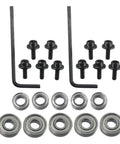 Pro Grade 10 Pack Top Mounted Ball Bearing Replacement Kit For Router Bits With Screws And Hex Key, Steel Guide Bearings For Repair And High RPM Use, Silver Finish, 9.52mm And 12.7mm OD; parts laid out
