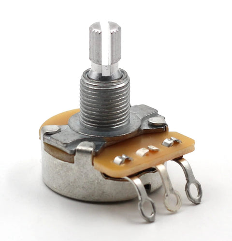 Guitar potentiometer with split-shaft, 500k audio-taper, threaded bushing and PCB lug pins