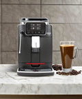 Straight Up One Touch Super Automatic Espresso Machine With Six Preprogrammed Drinks And Four Custom Profiles Featuring Kickass Auto Frothing For Your Dream Home Barista Corner on marble countertop with coffee.