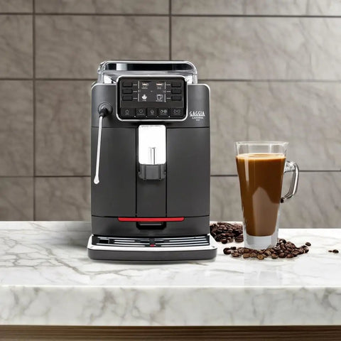 Straight Up One Touch Super Automatic Espresso Machine With Six Preprogrammed Drinks And Four Custom Profiles Featuring Kickass Auto Frothing For Your Dream Home Barista Corner on marble countertop with coffee.
