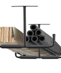Overhead Garage Storage Hooks Set, Heavy Duty Double Ceiling Rack Hangers For Ladder, Pipes, Lumber, Ski Boards And Fishing Rods, 4 Pack, Black, Vinyl Coated Steel For Safe, Space Saving Organization used for storing lumber and pipes.