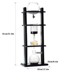 Kickstart Your Morning Routine With This Hella Smooth Cold Brew Coffee Tower Featuring A Slow Drip Ice Coffee Brewer With Adjustable Flow Control And Spacious Glass Container Pouring Five To Eight Cups Of Top Tier Chilled Java For Daily Office Use, 81cm tall with wood base and glass carafe.