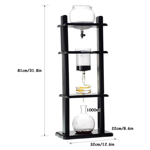 Kickstart Your Morning Routine With This Hella Smooth Cold Brew Coffee Tower Featuring A Slow Drip Ice Coffee Brewer With Adjustable Flow Control And Spacious Glass Container Pouring Five To Eight Cups Of Top Tier Chilled Java For Daily Office Use, 81cm tall with wood base and glass carafe.