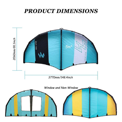 Dope Inflatable Wind Wing Foil Kit For Adults with 54 Sq Ft sail, window and non-window design, dimensions shown.