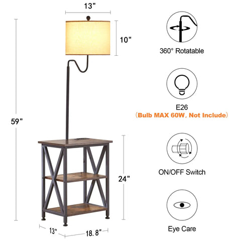 End Table With Built In Lamp And USB Type C Port, Narrow Nightstand With Storage Shelf For Living Room Or Bedroom, 59 Inch Tall
