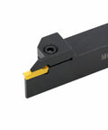 MGMN300-M Coated Carbide Inserts for CNC Lathe Grooving and Steel Cutting installed in MGEHR holder, side view.