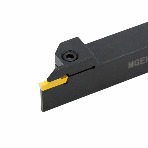 MGMN300-M Coated Carbide Inserts for CNC Lathe Grooving and Steel Cutting installed in MGEHR holder, side view.