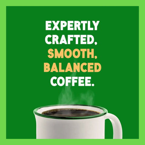 Cup of steaming coffee with text 'Expertly Crafted, Smooth, Balanced Coffee' on a green background.