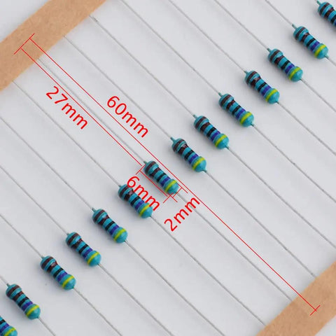 Close-up of resistors with measurement details from 600Pcs One Quarter Watt 30 Value 1% Precision Metal Film Resistor Kit Set 10 Ohm To 1 Mega Ohm For Electronics DIY Projects Pro Repairs And Hobbyist Experiments.
