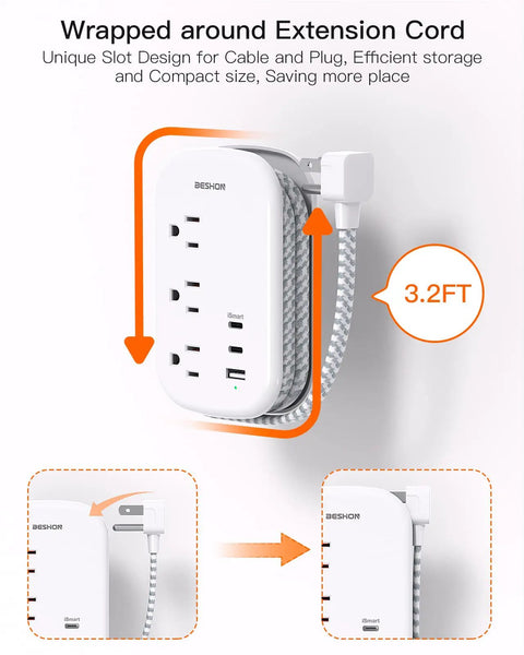 Ultra Flat Power Strip With 3 Outlets And 3 USB Ports Including 2 USB C, 3.2ft Wrapped Extension Cord shown compactly organized