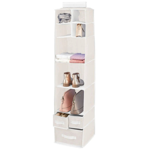 Gray fabric hanging closet organizer with 7 shelves, boots, and 3 removable drawers for storage; part of 2-pack set.